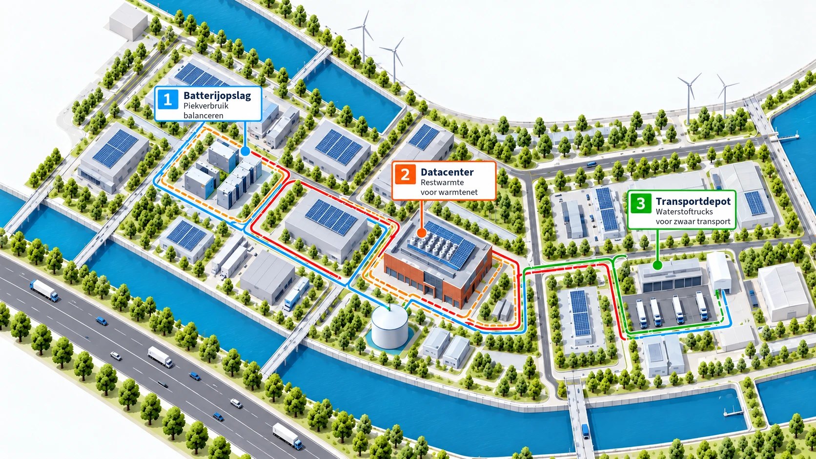 Isometrische kaart van het fictieve bedrijventerrein Tokenveld met 1 batterijopslag, 2 datacenter en 3 transportdepot.